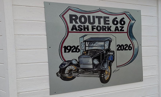 Route 66 Centennial banner at the Ash Fork Route 66 Museum in Arizona