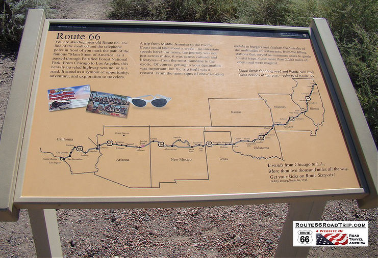 Route 66 sign and marker in the Painted Desert in Arizona