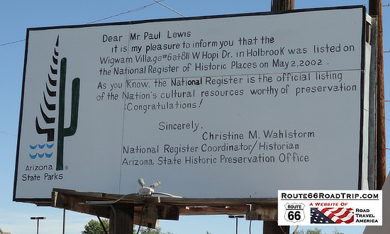 Wigwam Motel in Holbrook, Arizona ... sign to Mr. Paul Lewis announcing the listing on the National Register of Historic Places in 2002