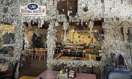 Interior view of the restaurant at the Oatman Hotel on Route 66 in Arizona