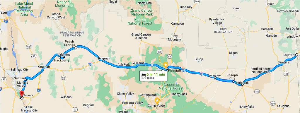 Map showing Route 66 across Arizona from Lupton to Topock Map showing Route 66 across Arizona from Lupton to Topock
