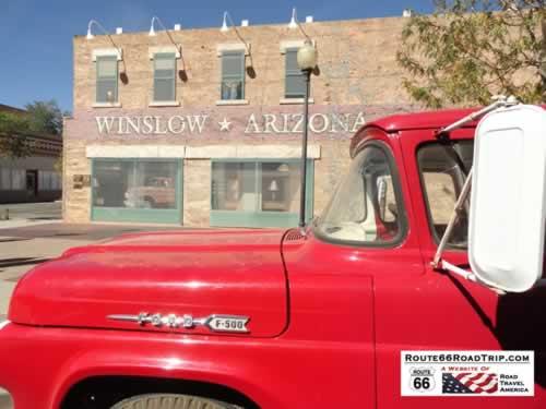 The red flatbed truck at the Standin' on the Corner park in Winslow, Arizona, made famous by The Eagles in its song "Take It Easy"