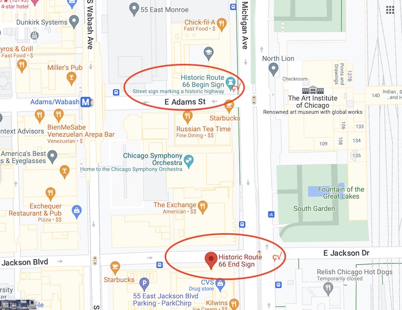 Map of downtown Chicago, Illinois showing the beginning point and ending point of Route 66