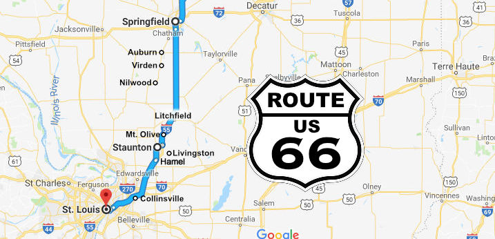 Map showing approximate Route 66 location from Springfield, Illinois to St. Louis, Missouri