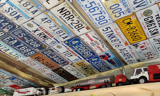 Vintage license plates at Gearhead Curios on Route 66 in Galena, Kansas