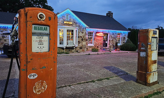 The office and vintage gasoline pumps at the Wagon Wheel Motel in Cuba, Missouri on Route 66