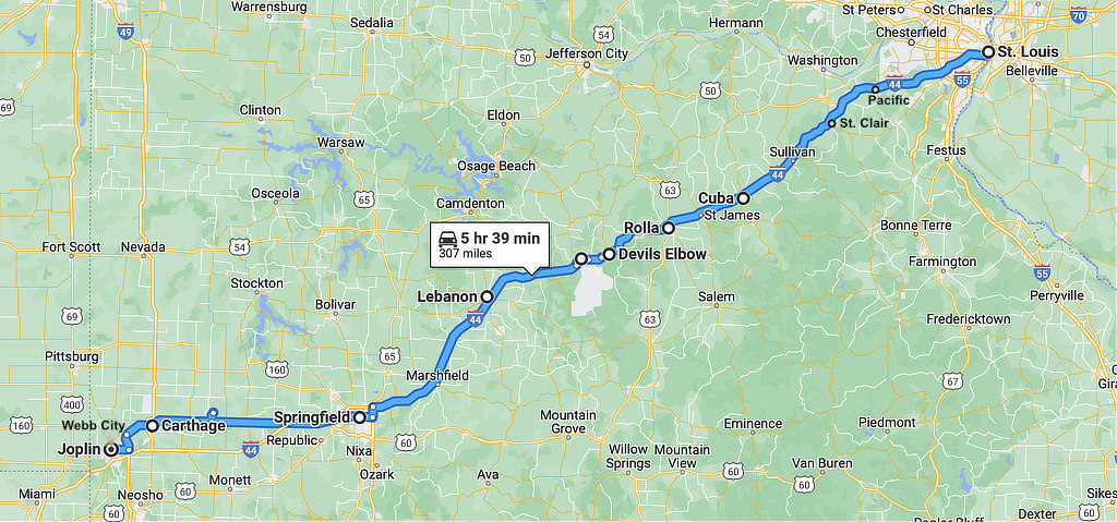 Approximate location of Historic Route 66 from St. Louis to Joplin, Missouri  Approximate location of Historic Route 66 from St. Louis to Joplin, Missouri