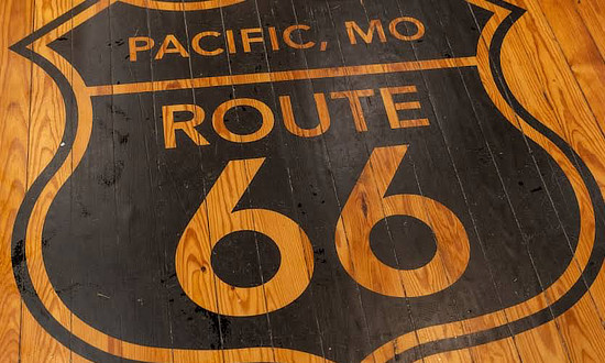 Route 66 Shield in the wooden floor of the Red Cedar Inn, Pacific Missouri Visitor Center & Museum