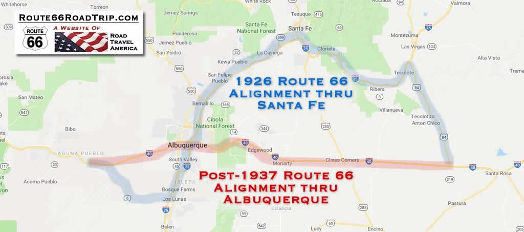 Map of U.S. Route 66 alignment in central New Mexico in 1926 and post-1937 Map of U.S. Route 66 alignment in central New Mexico in 1926 and post-1937