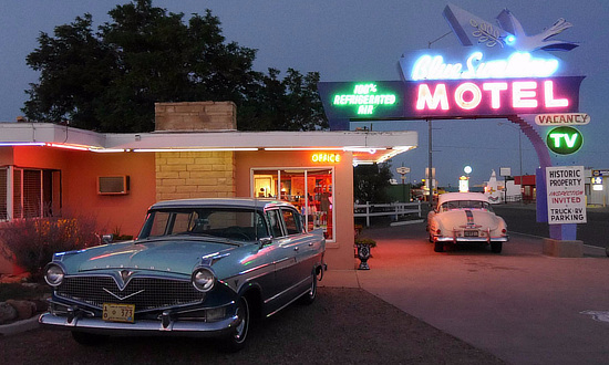 Blue Swallow Motel in Tucumcari, New Mexico, with the famous neon sign shining bright at night