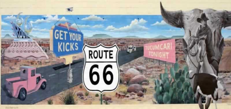 The "Get Your Kicks on Route 66" mural in Tucumcari, New Mexico
