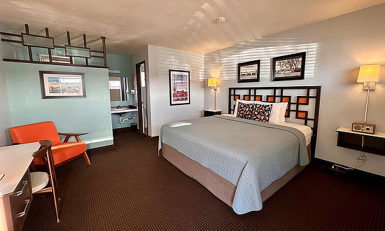 One of the many modern guest rooms at the Motel Safari in Tucumcari, New Mexico