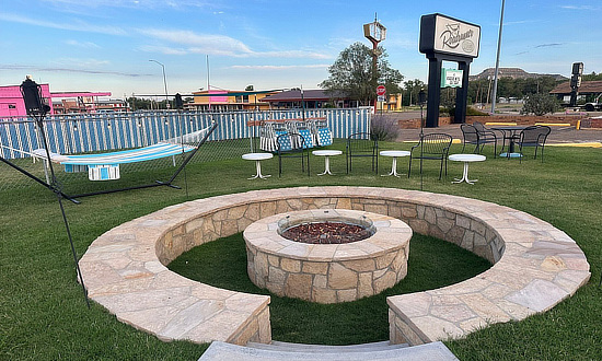 Grounds and firepit at the Roadrunner Lodge Motel in Tucumcari, New Mexico, on Historic Route 66