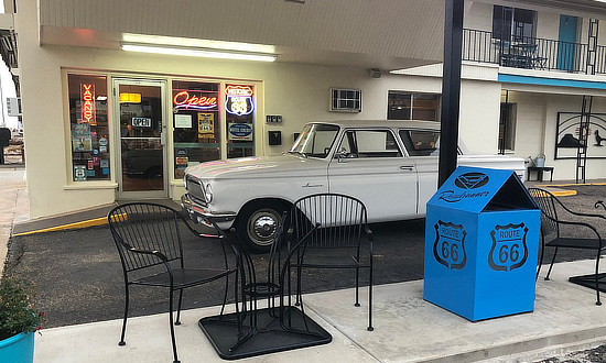 Entrance area and office at the Roadrunner Lodge Motel in Tucumcari, New Mexico, on Historic Route 66