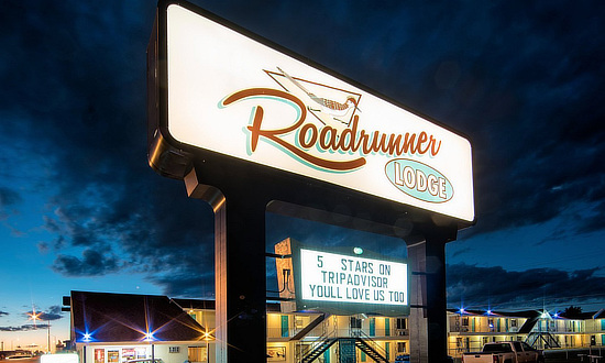 Sign at the Roadrunner Lodge Motel in Tucumcari, New Mexico, at night, on Historic Route 66