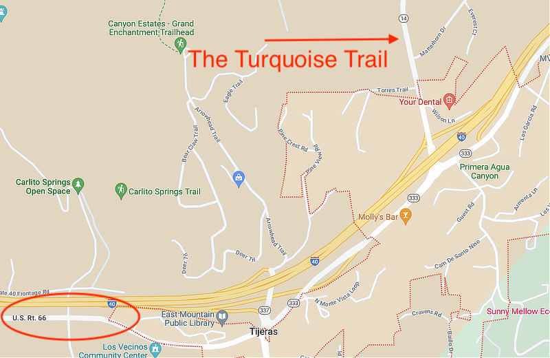 Map of the Tijeras area showing Historic Route 66 and the Turquoise Trail (SR 14)