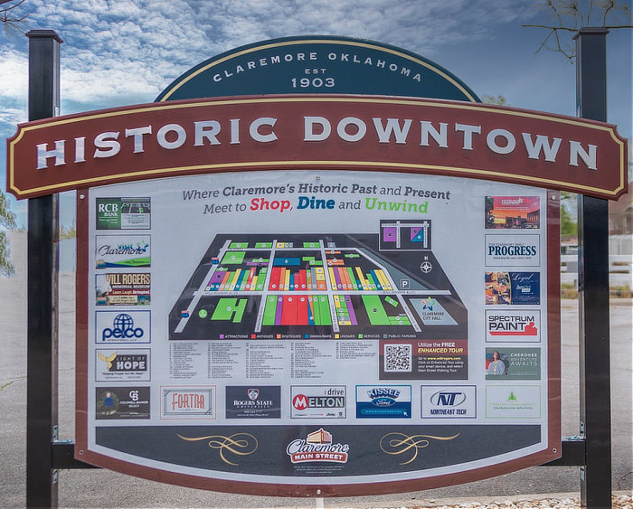 Sign and map in Historic Downtown Claremore, Oklahoma ... where the city's historic past meets the present!