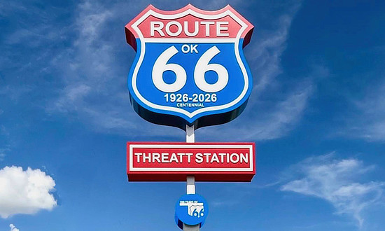 Route 66 Centennial Sign for the historic Threatt Filling Station in Luther, Oklahoma