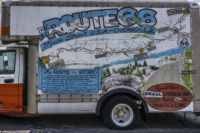 Bob Waldmire's U-Haul van parked in Chelsea, Oklahoma near the Pedestrian Underpass 