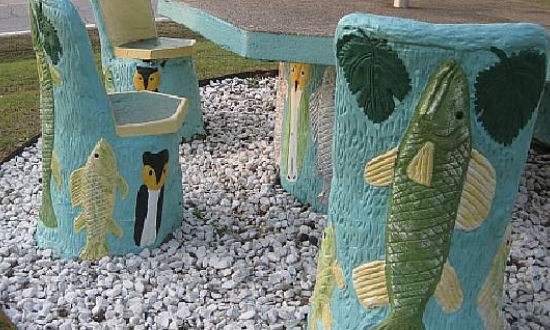 Picnic table at Ed Galloway's Totem Pole Park in Oklahoma