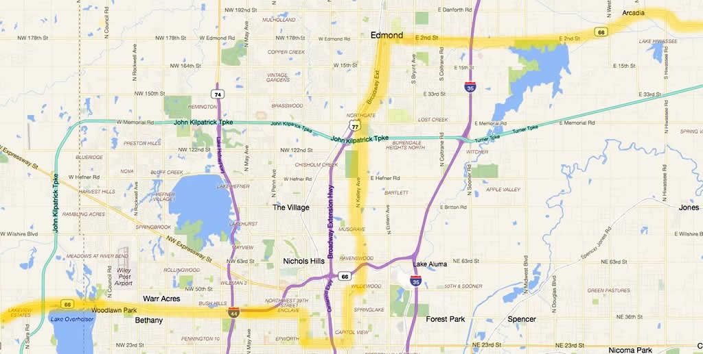 Map showing the approximate location of Historic Route 66 in Oklahoma City