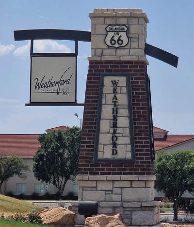 Historic Route 66 sign in Weatherford, Oklahoma