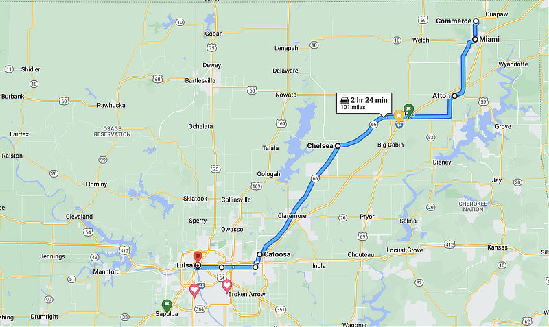Map of Historic Route 66 from Kansas to Tulsa showing the location of Chelsea, Oklahoma