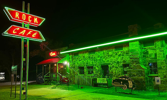 The neon sign at the Rock Cafe and Curios gift shop, on Historic Route 66 in Stroud, Oklahoma