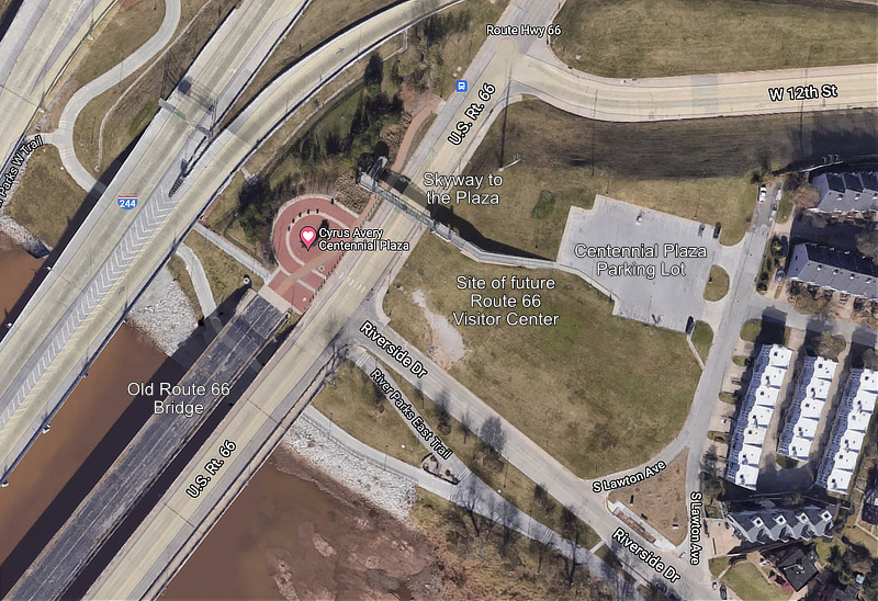 Map showing key elements of the Cyrus Avery Centennial Plaza in downtown Tulsa, Oklahoma