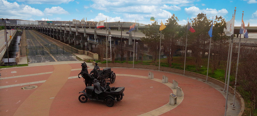 Cyrus Avery Centennial Plaza in Tulsa looking west from the Skyway 