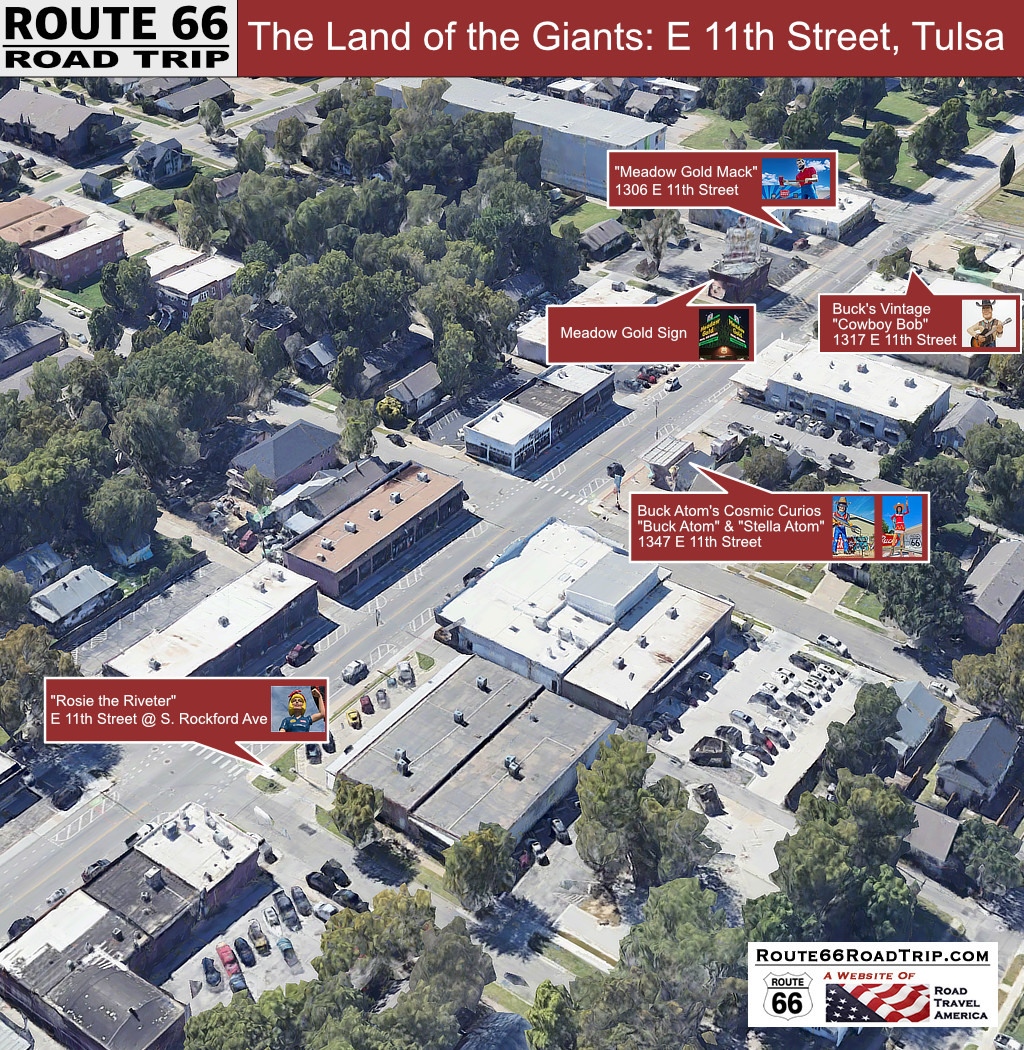 Map of the Land of the Giants "Muffler Men" and "Uniroyal Gals" along East 11th Street in Tulsa, Oklahoma, on Historic U.S. Route 66