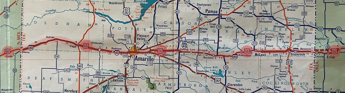 Map of Texas Route 66 from Shamrock westward to Glenrio at the New Mexico border