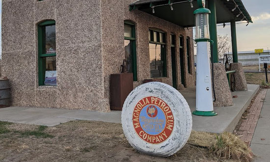 The circa 1920s Magnolia Gas Station at 222 North Main Street in Vega, Texas