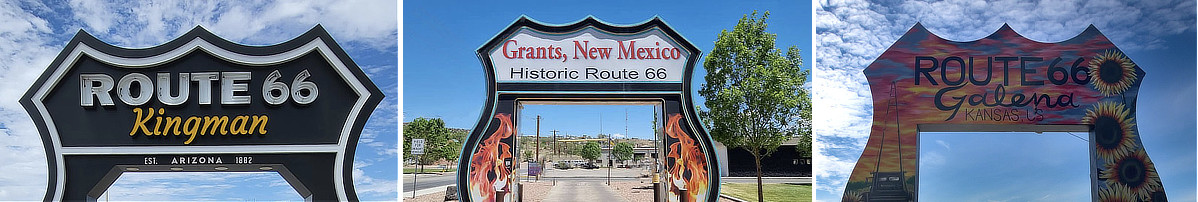 Route 66 drive-thru arches and shields ... the perfect locale for selphies!