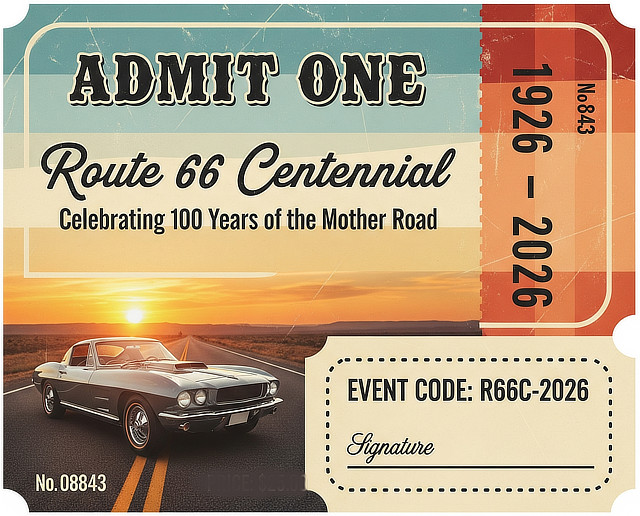 Route 66 Centennial admission ticket ... good at various locations along Historic Route 66