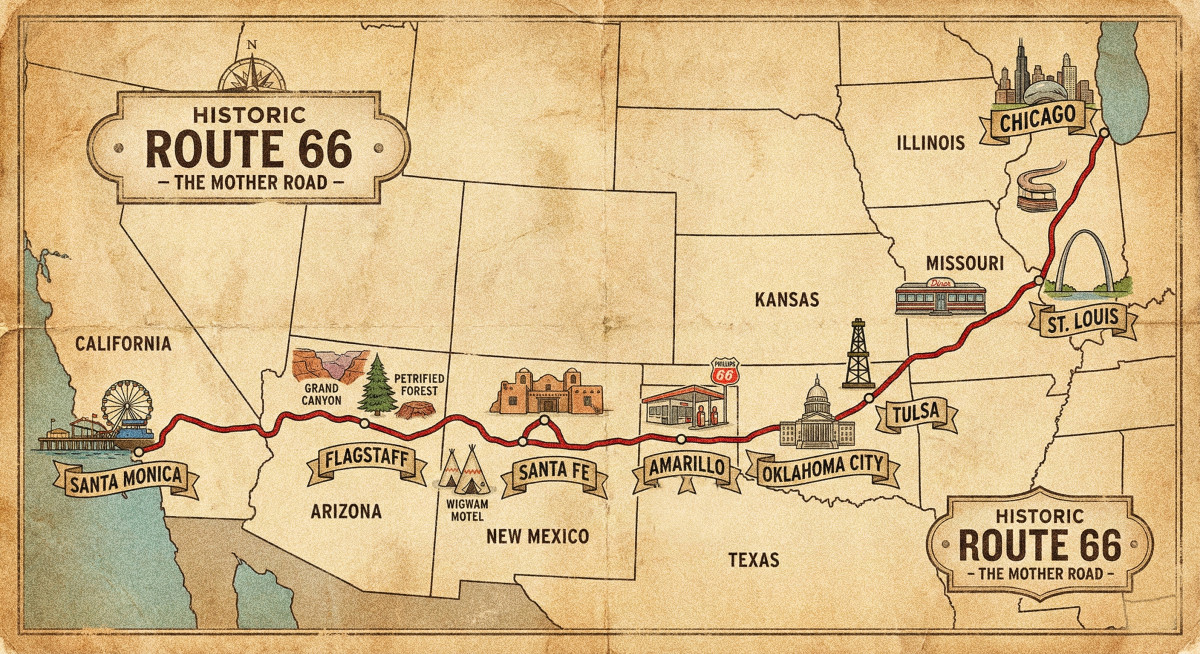 Vintage map of Historic U.S. Route 66, from Chicago to Santa Monica ... The Mother Road